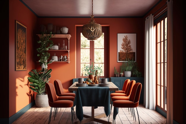 Uma sala de jantar com cadeiras laranja e uma planta na parede.