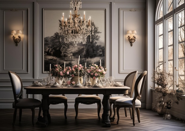 Uma sala de jantar com elegância clássica e lustre
