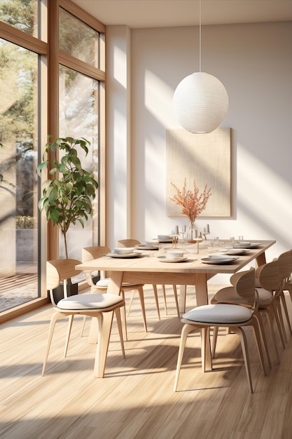 Uma sala de jantar com elementos de design escandinavo com móveis de madeira leve e estética simples