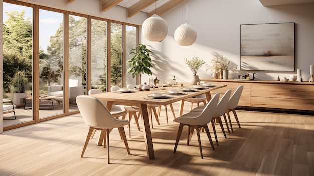 Uma sala de jantar com elementos de design escandinavo com móveis de madeira leve