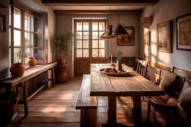 Uma sala de jantar com mesa e cadeiras de madeira e uma janela com um vaso de plantas.