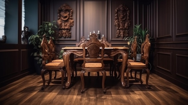 Uma sala de jantar com mesa e cadeiras de madeira e uma parede com plantas.
