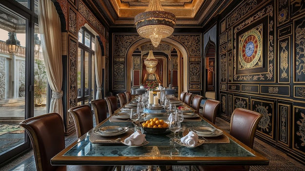 Foto uma sala de jantar com paredes ornamentadas e uma mesa