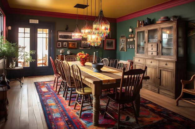 Uma sala de jantar com uma grande mesa de madeira e um tapete com um tapete colorido.