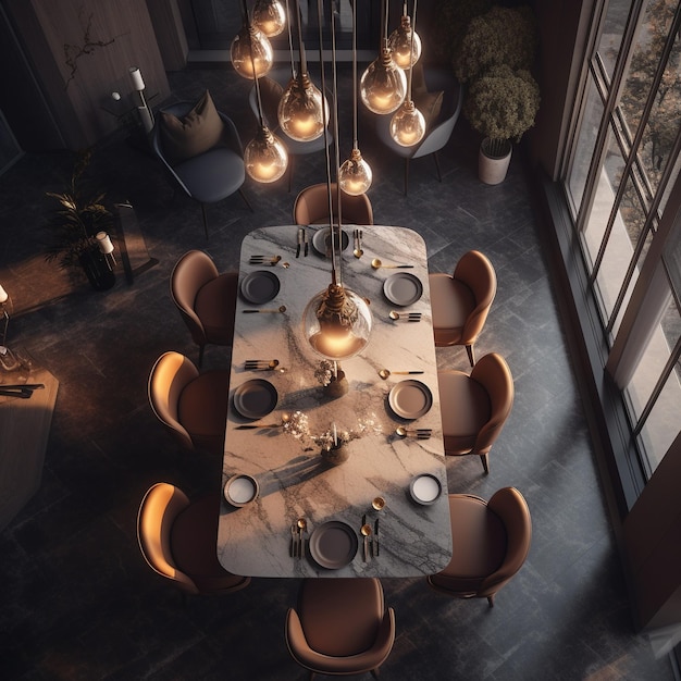 Uma sala de jantar com uma grande mesa e cadeiras e um lustre que diz 'sala de jantar'