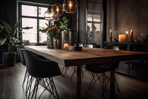 Uma sala de jantar com uma grande mesa e cadeiras e uma grande janela com fundo preto.