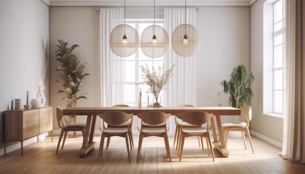 Uma sala de jantar com uma grande mesa e cadeiras e uma grande janela com plantas ao fundo.
