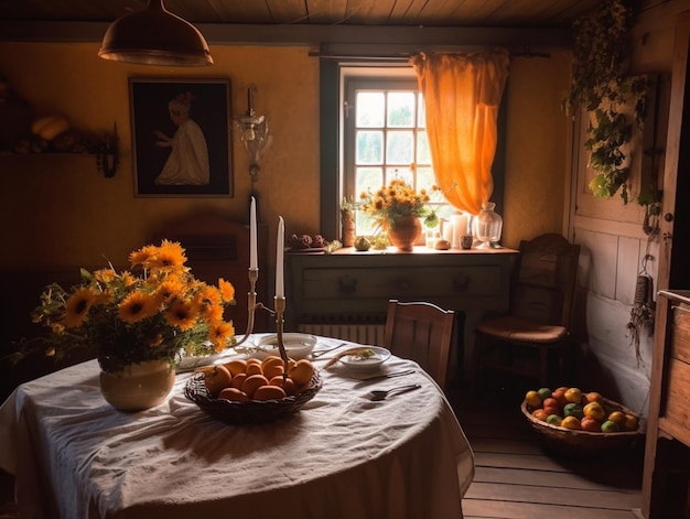 Uma sala de jantar com uma mesa com flores e uma cesta de frutas.