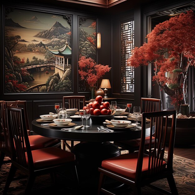 uma sala de jantar com uma pintura de uma árvore e uma cadeira vermelha