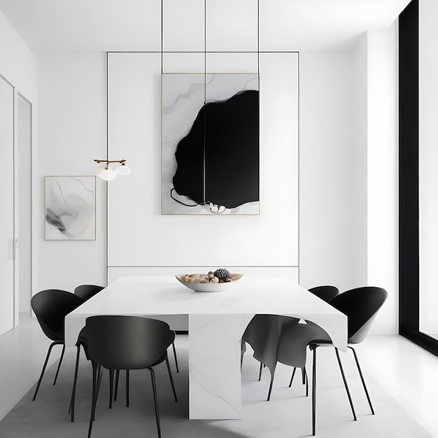 Uma sala de jantar minimalista com uma mesa elegante, iluminação e arte abstrata