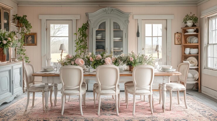 Foto uma sala de jantar rústica lindamente decorada com elegantes cadeiras brancas e peça central floral