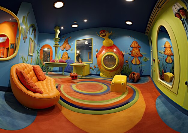 Foto uma sala de jogos caprichosa para crianças com cores primárias vibrantes e móveis de grandes dimensões a câmera