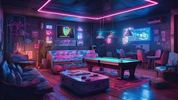 Uma sala de jogos com luzes neon e sofás