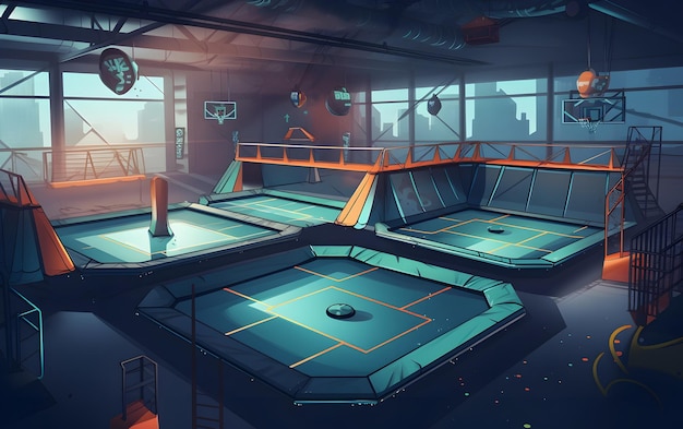 Uma sala de jogos com um grande conjunto de equipamentos esportivos internos vazios.