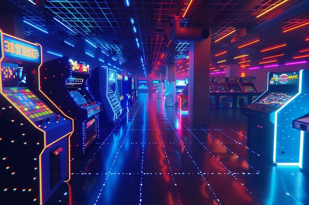 uma sala de jogos com um sinal de néon na parede e uma máquina caça-níqueis no meio