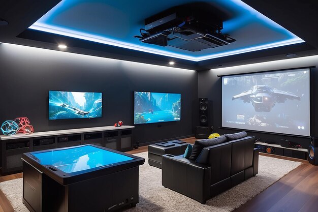 Foto uma sala de jogos com uma tela retrátil de projetor montada no teto e uma parede vazia para experiências de jogos cinematográficos