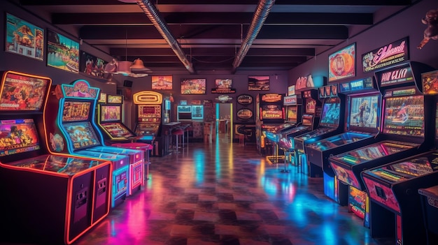 Uma sala de jogos de inspiração retrô com jogos de fliperama e luzes neon geradas por IA