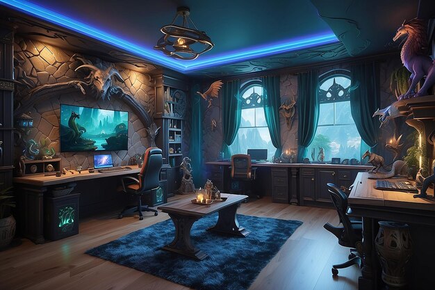 Foto uma sala de jogos inspirada em mundos de fantasia completa com decoração de criaturas míticas