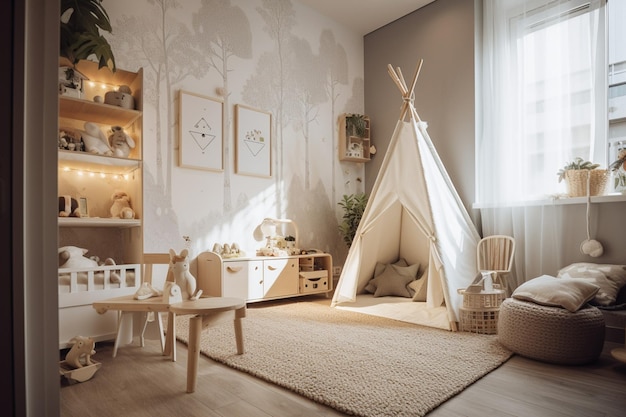 Uma sala de jogos para crianças com uma tenda branca e uma prateleira de madeira com uma árvore.