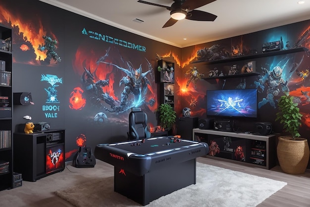 Uma sala de jogos personalizada com paredes decoradas