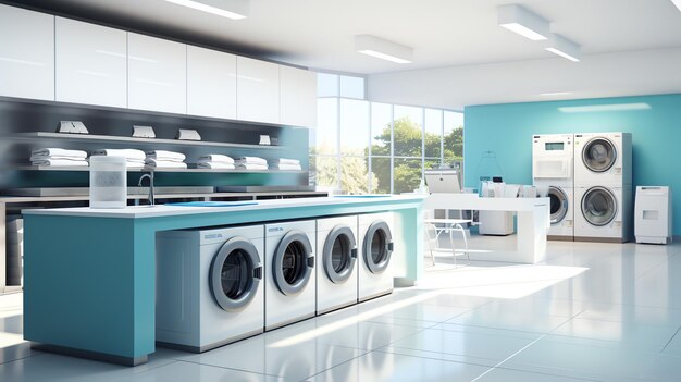 uma sala de lavandaria com uma parede azul e armários brancos
