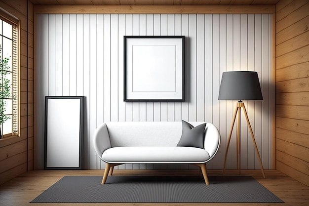 Uma sala de madeira contemporânea com móveis e uma maquete de moldura branca de um produto para exibição