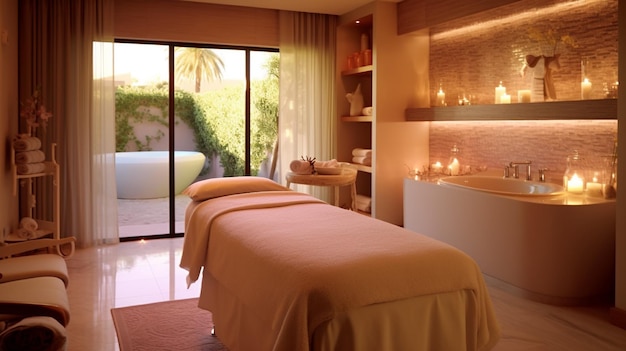 Uma sala de massagem com uma porta de vidro que diz 'spa'on