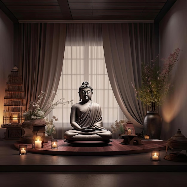 Uma sala de meditação budista tranquila e pacífica com iluminação suave e uma estátua escultural de buda