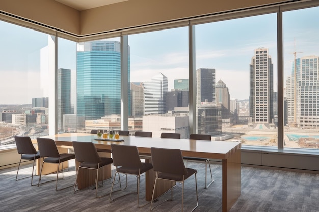Uma sala de reuniões com vista para o horizonte da cidade e edifícios altos criados com IA generativa