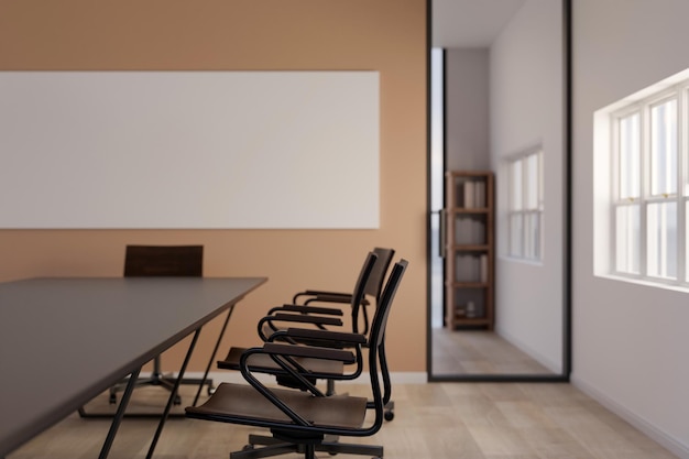 Uma sala de reuniões moderna e elegante com maquete de cartaz em branco de mesa de reunião na parede