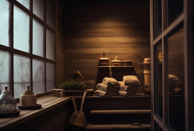 uma sala de sauna com toalhas e blocos de madeira no estilo de veias de resina estriadas