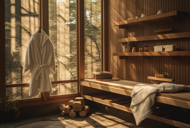 uma sala de sauna com toalhas e blocos de madeira no estilo de veias de resina estriadas