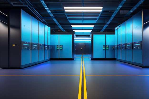 Uma sala de servidor azul futurista