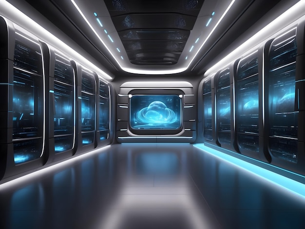 Uma sala de servidores cibernéticos futurista com um sistema de armazenamento de dados semelhante a uma nuvem, que apresenta um sistema avançado de armazenamento em linha