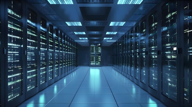 Uma sala de servidores com uma luz azul que diz 'é um grande negócio'