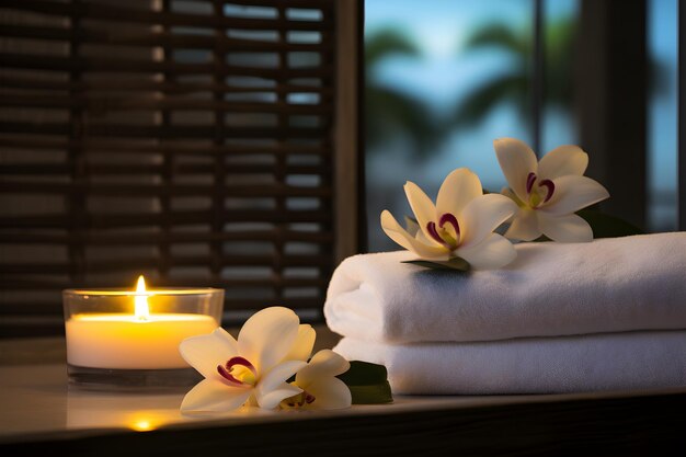 Uma sala de spa com uma toalha branca e uma vela com Frangipani