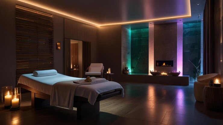 Foto uma sala de tratamento de spa moderna com uma mesa de massagem, velas e uma lareira