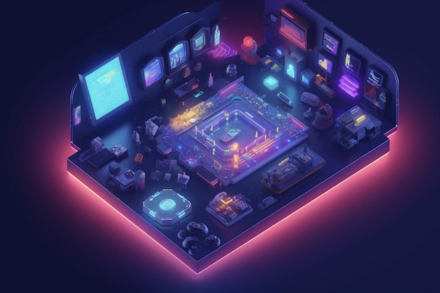 Uma sala de videogame com luzes neon e uma placa que diz 'sala de jogos'