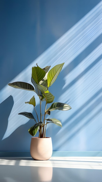 Uma sala em um prédio com parede azul bem iluminada no meio, há apenas uma planta verde em um ap