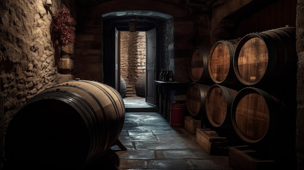 Uma sala escura com barris de vinho