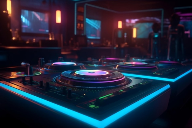 Foto uma sala escura com equipamento de dj em luzes neon azuis.