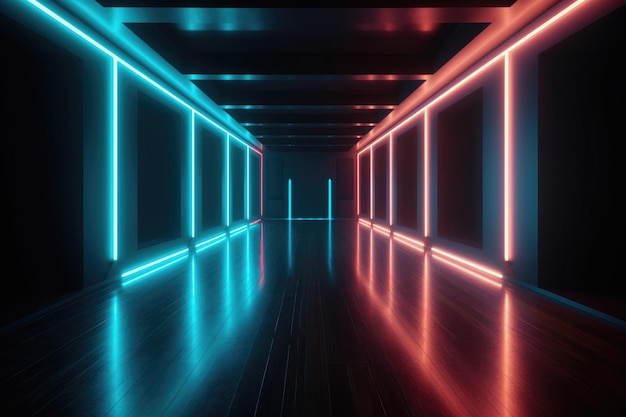 Uma sala escura com luzes neon e piso preto.