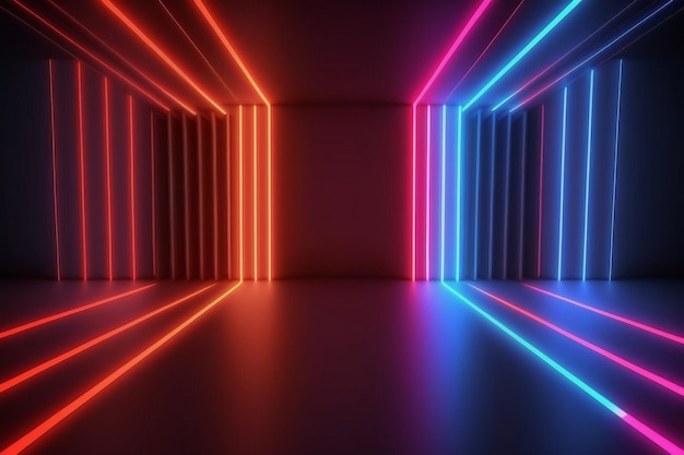 Uma sala escura com luzes neon e um piso escuro.