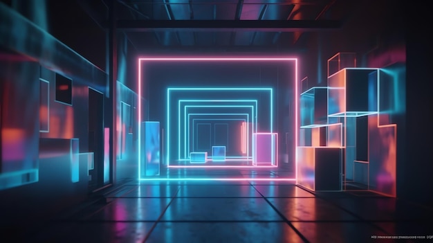 Uma sala escura com luzes neon e um piso preto