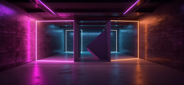 Uma sala escura com luzes neon e uma placa que diz 'neon'