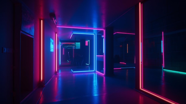 Uma sala escura com luzes neon e uma placa que diz 'neon'