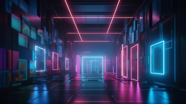 Uma sala escura com luzes neon e uma placa que diz 'neon'