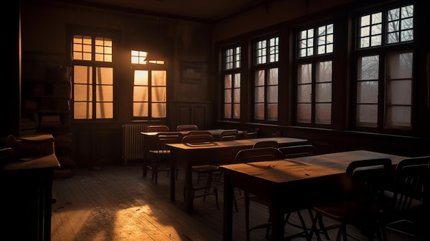 Uma sala escura com muitas janelas e uma mesa com o desenho de uma menina.