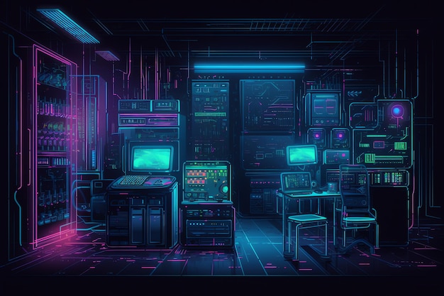 Uma sala escura com muito servidor de computador