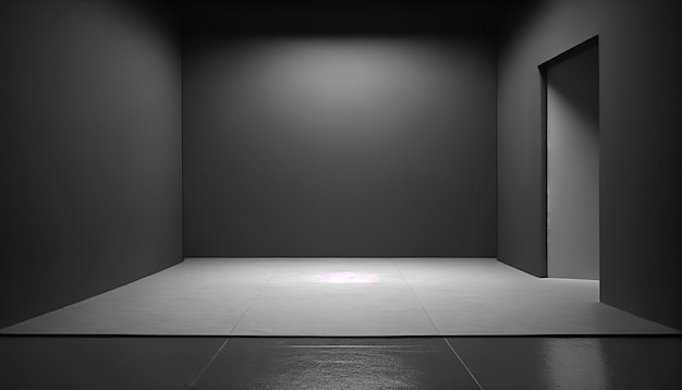 Uma sala escura com piso quadrado branco e uma luz na parede